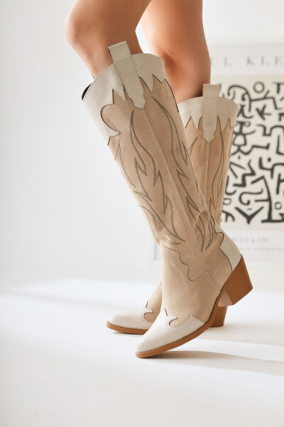 Spring Beige Suede Western Heeled Boots - 3