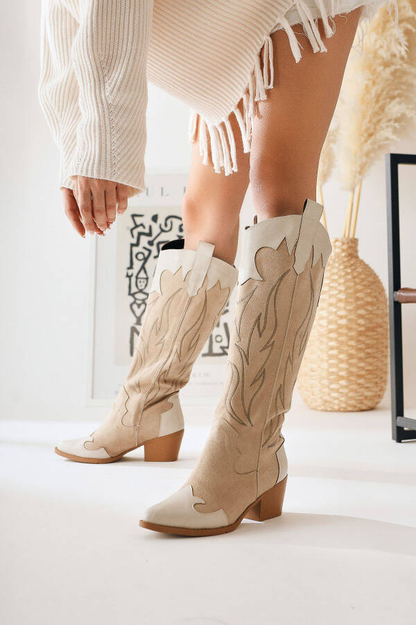 Spring Beige Suede Western Heeled Boots - 4