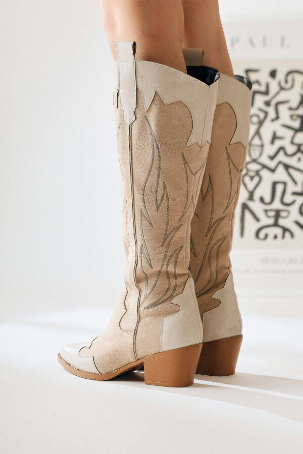 Spring Beige Suede Western Heeled Boots - 6