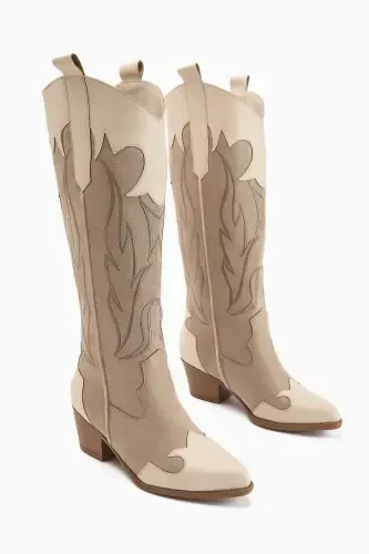 Spring Beige Suede Western Heeled Boots - 1