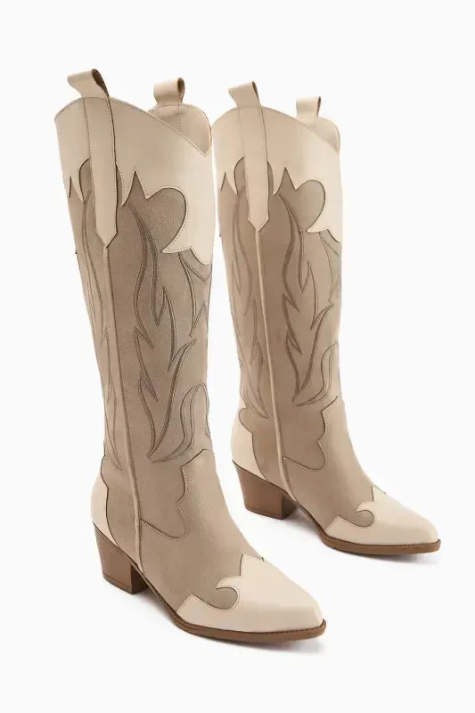 Spring Beige Suede Western Heeled Boots - 1