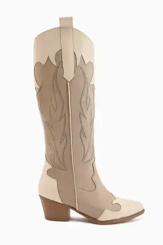 Spring Beige Suede Western Heeled Boots - LIMOYA (1)