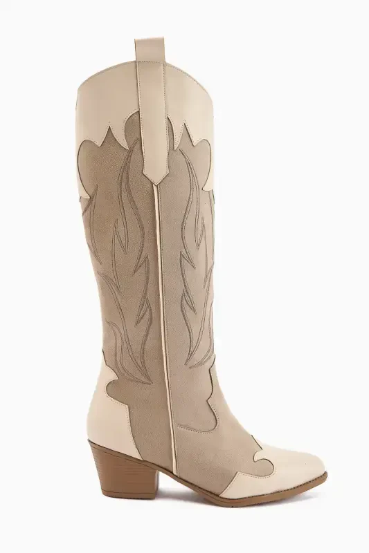 Spring Beige Suede Western Heeled Boots - 2