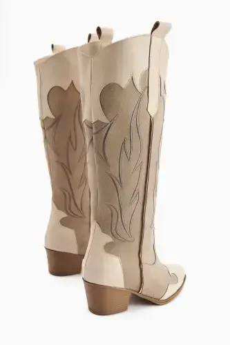 Spring Beige Suede Western Heeled Boots - 5