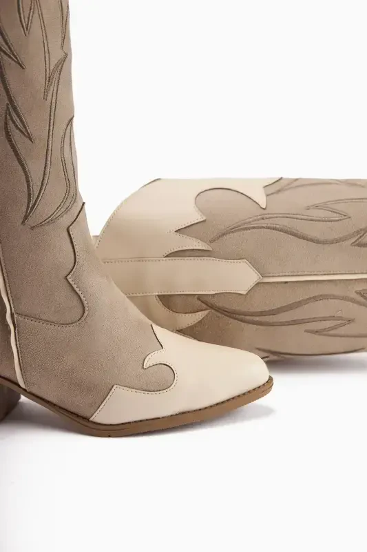 Spring Beige Suede Western Heeled Boots - 6