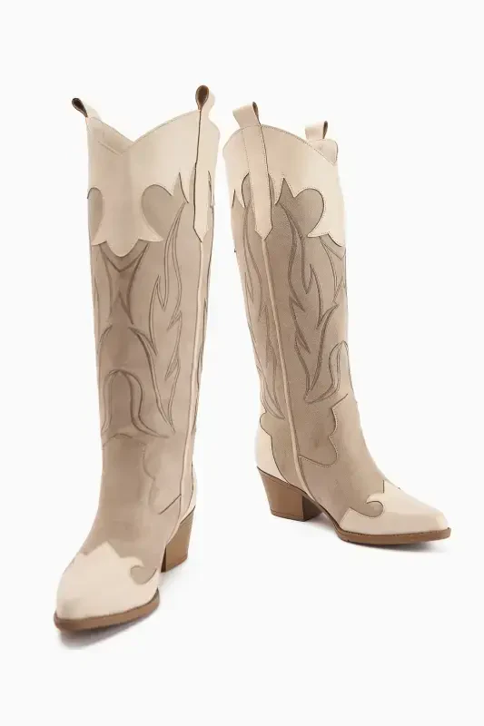 Spring Beige Suede Western Heeled Boots - 7