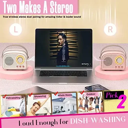 SpringFlora Retro Bluetooth karnay, uy kichkina portativ simsiz karnay TWS bilan uy ochiq sayohat uchun, Vintage dekor, qizlar, o'smirlar, ayollar uchun sovg'alar Pushti - 4