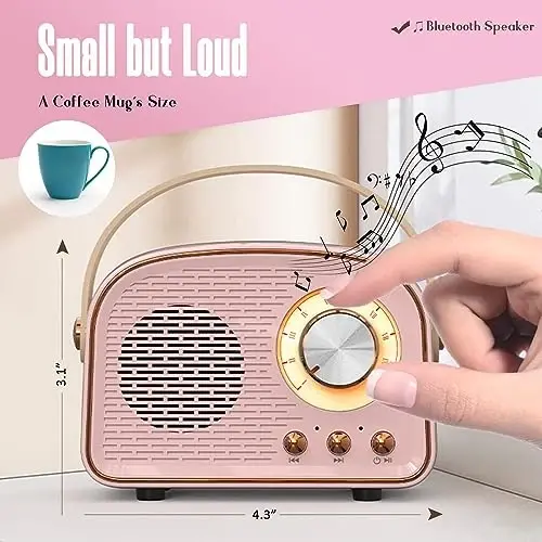SpringFlora Retro Bluetooth karnay, uy kichkina portativ simsiz karnay TWS bilan uy ochiq sayohat uchun, Vintage dekor, qizlar, o'smirlar, ayollar uchun sovg'alar Pushti - 2