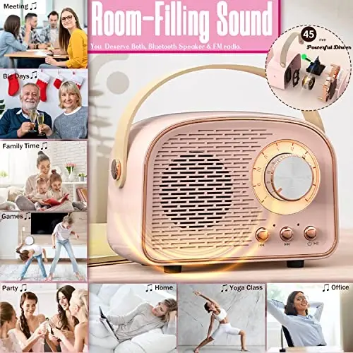 SpringFlora Retro Bluetooth karnay, uy kichkina portativ simsiz karnay TWS bilan uy ochiq sayohat uchun, Vintage dekor, qizlar, o'smirlar, ayollar uchun sovg'alar Pushti - 3