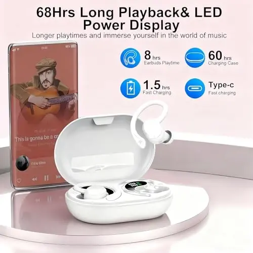 sprtoybat Wireless Earbuds, 2025 New Bluetooth 5.4 Headphones Sport Earphones with 68Hrs Playtime LED Display ENC Noise Cancelling Mic, IPX7 Waterproof Over Ear Ear Buds with Hook for Sports/Running - 2