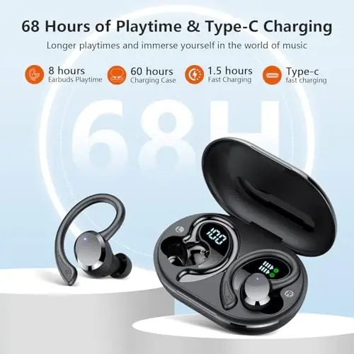 sprtoybat Kablosuz Kulaklıklar, 2025 Yeni Bluetooth 5.4 Kulaklık Spor Kulaklıkları 68 Saat Çalma Süresi LED Ekranlı ENC Gürültü Önleyici Mikrofon, IPX7 Su Geçirmez Kulak Üstü Spor/Koşu Kancalı Kulaklıklar 