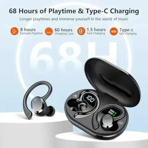 sprtoybat Wireless Earbuds, 2025 New Bluetooth 5.4 Headphones Sport Earphones with 68Hrs Playtime LED Display ENC Noise Cancelling Mic, IPX7 Waterproof Over Ear Ear Buds with Hook for Sports/Running - 6