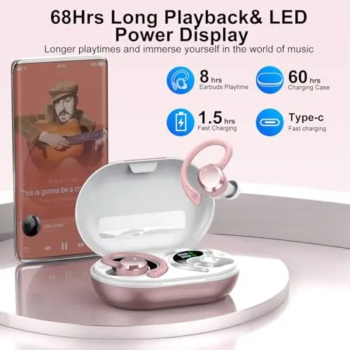 sprtoybat Wireless Earbuds, 2026 New Bluetooth 5.4 Headphones Sport Earphones with 68Hrs Playtime LED Display ENC Noise Cancelling Mic, IPX7 Waterproof Over Ear Ear Buds with Hook for Sports/Running - 2