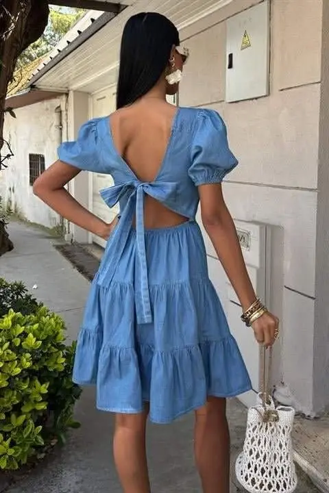 Square Neck and Guipure Detailed Tencel Dress 2883 - 4