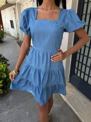 Square Neck and Guipure Detailed Tencel Dress 2883 - 7