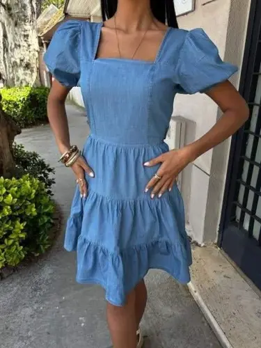 Square Neck and Guipure Detailed Tencel Dress 2883 - 8