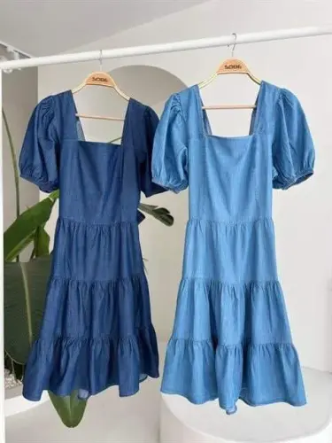 Square Neck and Guipure Detailed Tencel Dress 2883 - 11