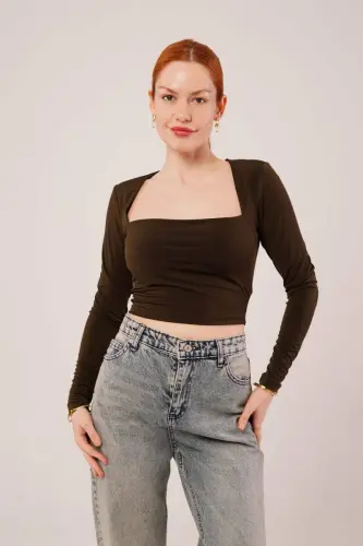 Square Neck Basic Brown Blouse - 1