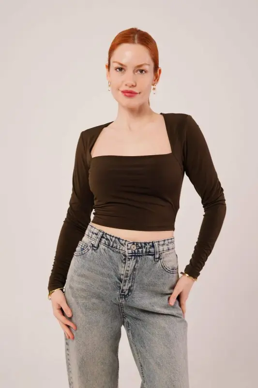 Square Neck Basic Brown Blouse - 1