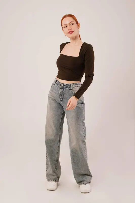 Square Neck Basic Brown Blouse - 2