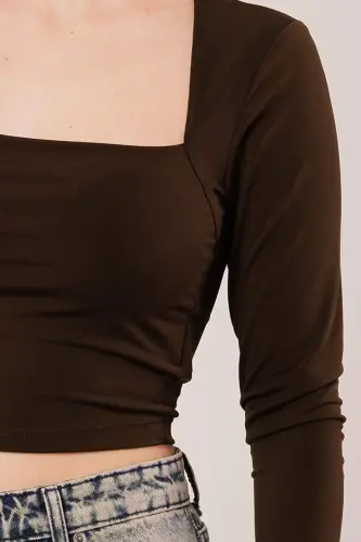 Square Neck Basic Brown Blouse - 3