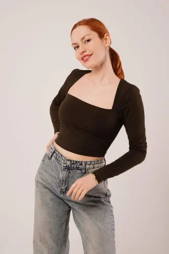 Square Neck Basic Brown Blouse - 4