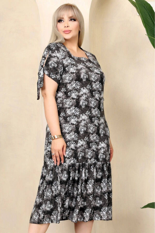 Square Neck Butterfly Print Short Sleeve Shoulder Window Frilled Knee-Length Midi Wash Elastic Dress - 1