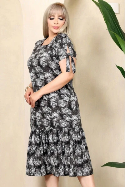 Square Neck Butterfly Print Short Sleeve Shoulder Window Frilled Knee-Length Midi Wash Elastic Dress - KHEOS (1)