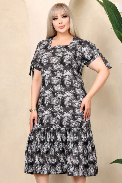 Square Neck Butterfly Print Short Sleeve Shoulder Window Frilled Knee-Length Midi Wash Elastic Dress - 3