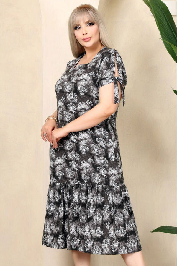 Square Neck Butterfly Print Short Sleeve Shoulder Window Frilled Knee-Length Midi Wash Elastic Dress - 4