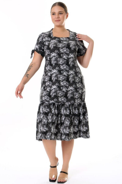 Square Neck Butterfly Print Short Sleeve Shoulder Window Frilled Knee-Length Midi Wash Elastic Dress - 5