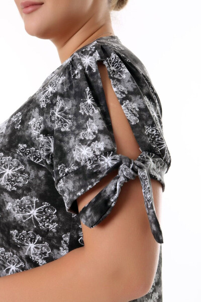 Square Neck Butterfly Print Short Sleeve Shoulder Window Frilled Knee-Length Midi Wash Elastic Dress - 6