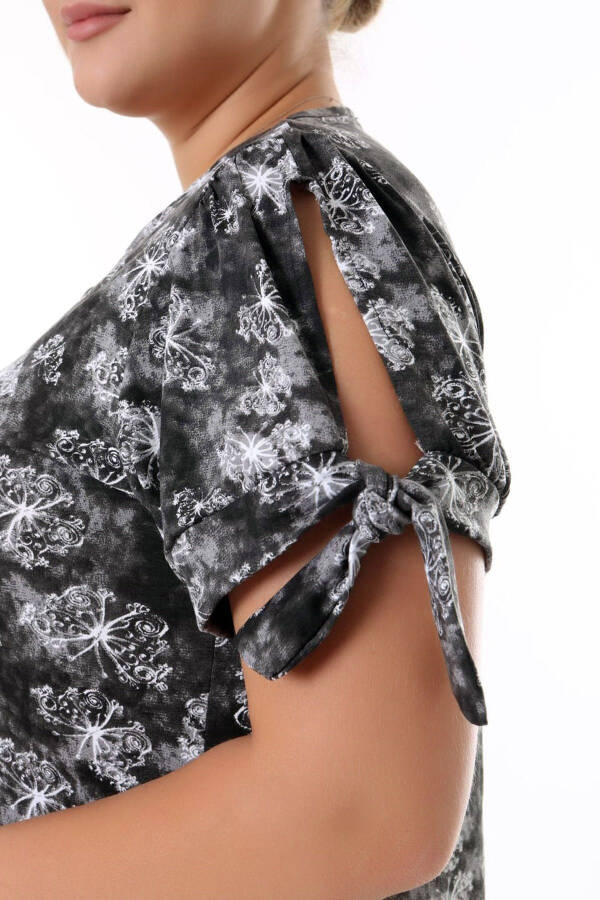 Square Neck Butterfly Print Short Sleeve Shoulder Window Frilled Knee-Length Midi Wash Elastic Dress - 6