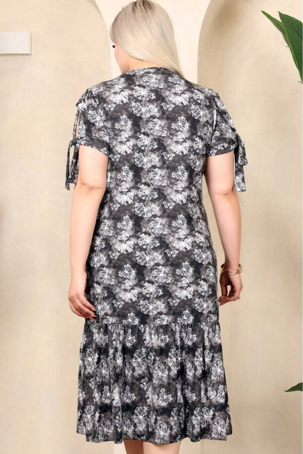 Square Neck Butterfly Print Short Sleeve Shoulder Window Frilled Knee-Length Midi Wash Elastic Dress - 7