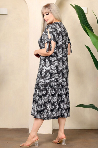 Square Neck Butterfly Print Short Sleeve Shoulder Window Frilled Knee-Length Midi Wash Elastic Dress - 8