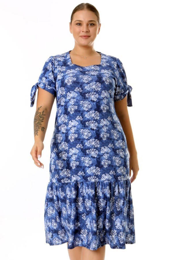 Square Neck Butterfly Print Short Sleeve Shoulder Window Frilled Knee-Length Midi Wash Stretchy Dress - 16