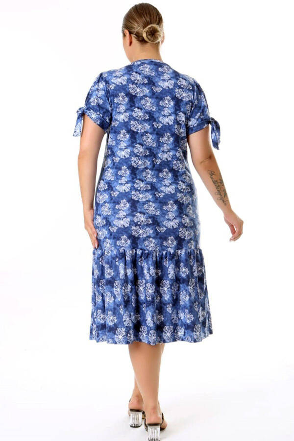 Square Neck Butterfly Print Short Sleeve Shoulder Window Frilled Knee-Length Midi Wash Stretchy Dress - 17