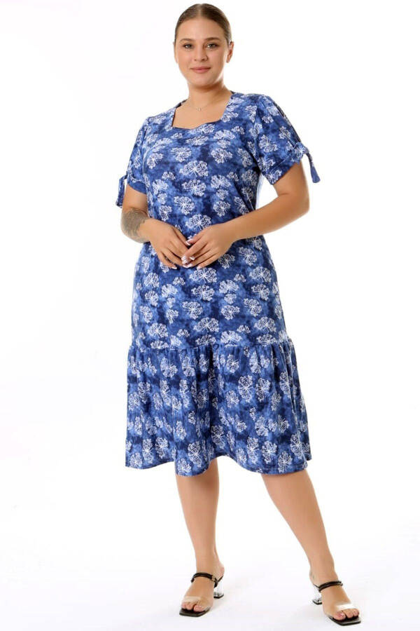 Square Neck Butterfly Print Short Sleeve Shoulder Window Frilled Knee-Length Midi Wash Stretchy Dress - 18