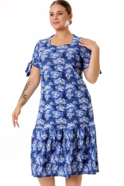 Square Neck Butterfly Print Short Sleeve Shoulder Window Frilled Knee-Length Midi Wash Stretchy Dress - 19