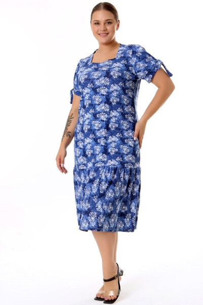 Square Neck Butterfly Print Short Sleeve Shoulder Window Frilled Knee-Length Midi Wash Stretchy Dress - 20