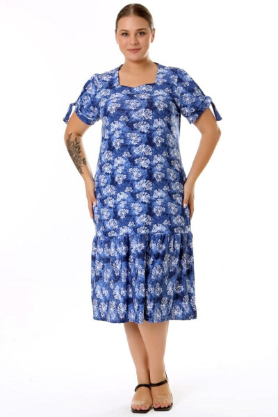 Square Neck Butterfly Print Short Sleeve Shoulder Window Frilled Knee-Length Midi Wash Stretchy Dress - 21