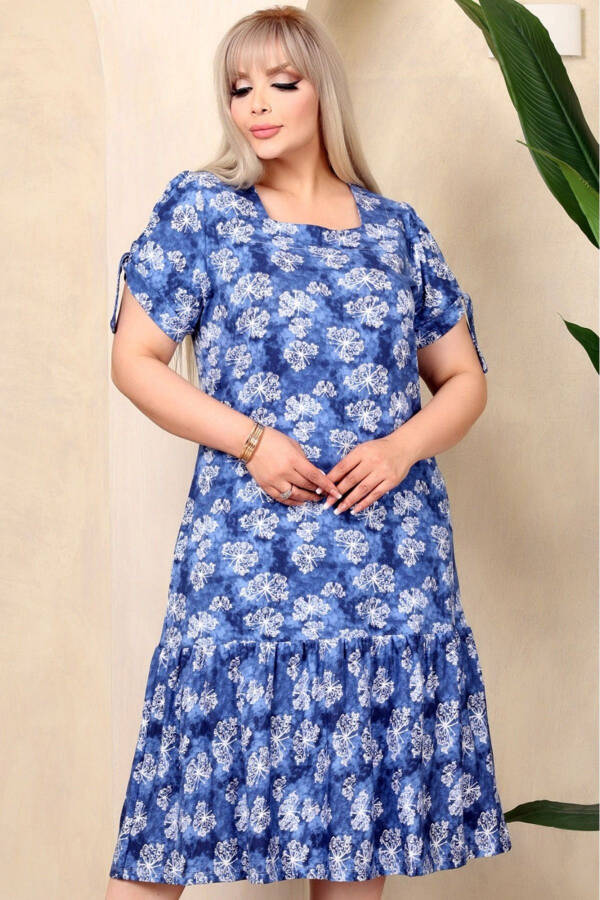 Square Neck Butterfly Print Short Sleeve Shoulder Window Frilled Knee-Length Midi Wash Stretchy Dress - 1