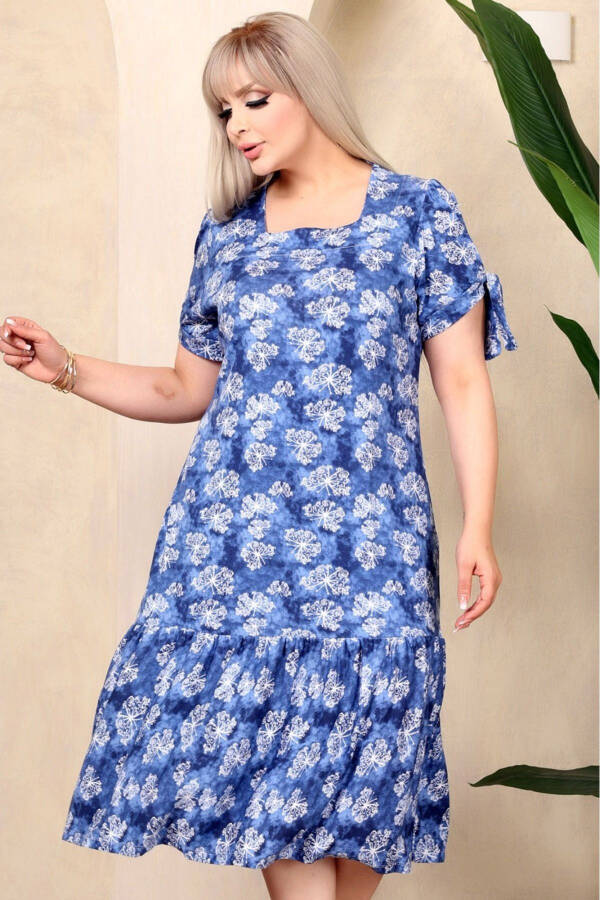 Square Neck Butterfly Print Short Sleeve Shoulder Window Frilled Knee-Length Midi Wash Stretchy Dress - 2