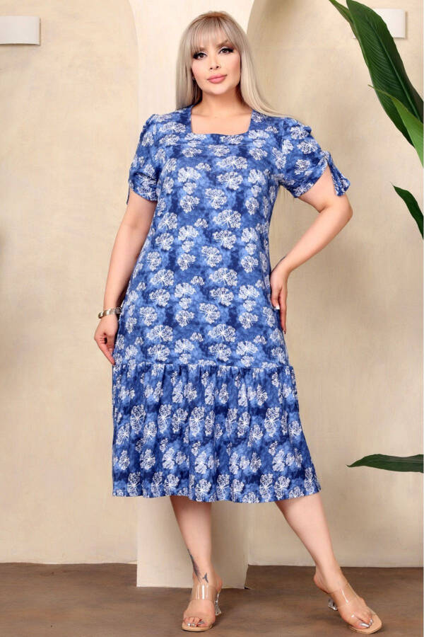 Square Neck Butterfly Print Short Sleeve Shoulder Window Frilled Knee-Length Midi Wash Stretchy Dress - 5