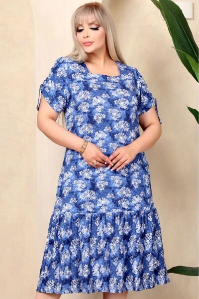 Square Neck Butterfly Print Short Sleeve Shoulder Window Frilled Knee-Length Midi Wash Stretchy Dress - KHEOS