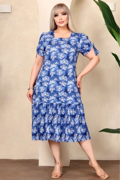 Square Neck Butterfly Print Short Sleeve Shoulder Window Frilled Knee-Length Midi Wash Stretchy Dress - KHEOS (1)