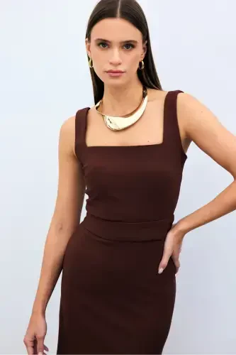 Square Neck Crop Blouse - Brown - 4