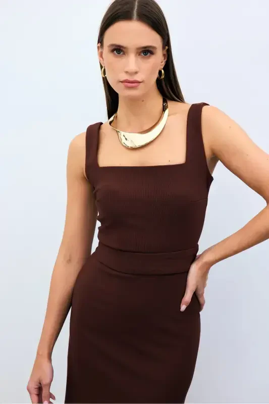 Square Neck Crop Blouse - Brown - 4