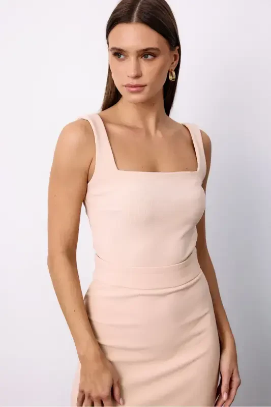 Square Neck Crop Top - Beige - 2