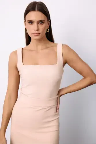 Square Neck Crop Top - Beige - 4